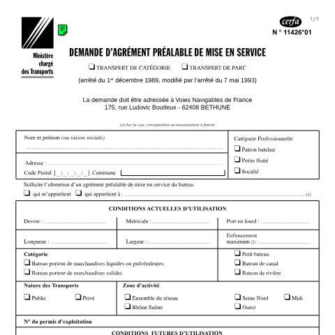 Aperçu du document Bateau : demande d'agrément préalable de mise en service pour transfert de catégorie ou de parc — Professionnels, France (CERFA n°11426*01)