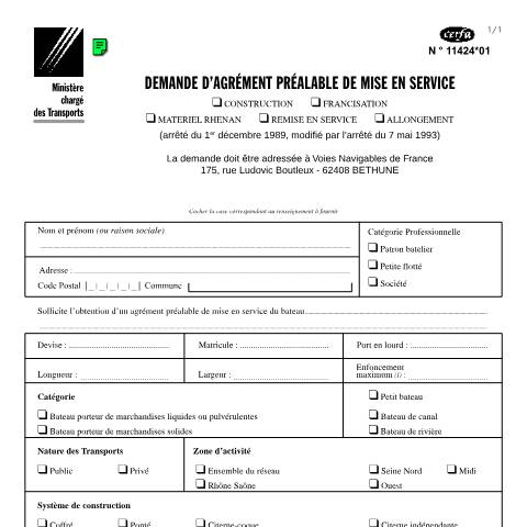 Aperçu du document Demande d'agrément préalable de mise en service d'un bateau — Professionnels, France (CERFA n°11424*01)