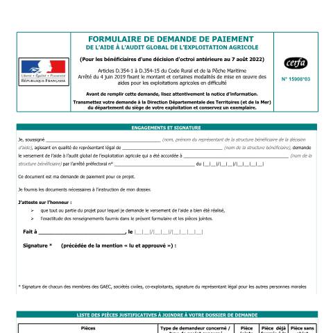 Aperçu du document Demande de paiement de l'aide à l'audit global de l'exploitation agricole — Professionnels, France (CERFA n°15908*03)