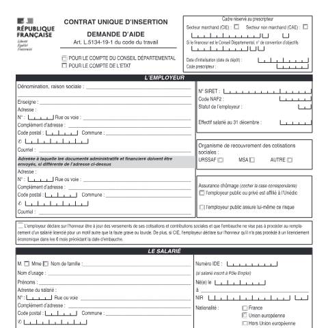 Aperçu du document Demande d'aide - Contrat unique d'insertion (CUI) — Particuliers, France (CERFA n°14818*04)