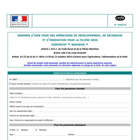Aperçu du document Demande d'aide pour des opérations de développement de la filière bois - Dispositif Adevbois — Professionnels, France (CERFA n°15066*04)