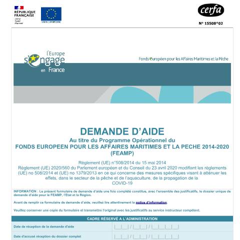 Aperçu du document Demande d'aide au titre du programme opérationnel du fonds européen pour les affaires maritimes et la pêche 2014-2020 (FEAMP) — Professionnels, France (CERFA n°15508*02)
