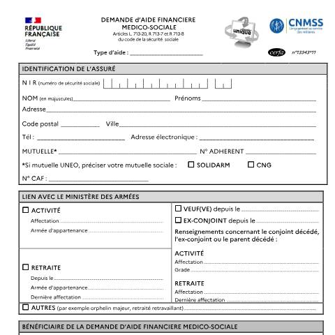 Aperçu du document Demande d’aide financière médico-sociale auprès de la caisse nationale militaire de sécurité sociale (CNMSS) — Particuliers, France (CERFA n°13343*11)