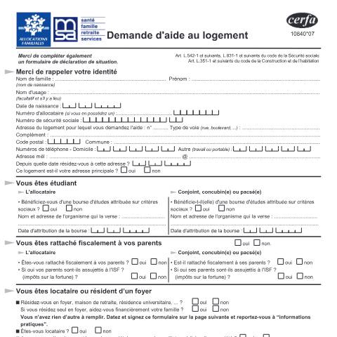 Aperçu du document Demande d'aide personnelle au logement (APL, ALF, ALS) Caf et MSA — Particuliers, France (CERFA n°10840*07)