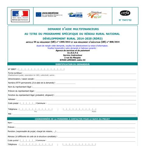 Aperçu du document Demande aide multifinanceurs au titre du programme spécifique du réseau rural national 2014-2020 (RDR3) — Professionnels, France (CERFA n°15413*02)