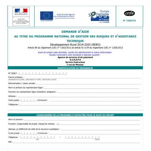 Aperçu du document Demande d'aide au titre du programme national de gestion des risques et d'assistance technique - Développement Rural 2014-2020 (RDR3) — Professionnels, France (CERFA n°15495*01)