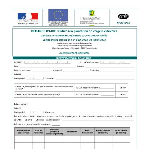 Aperçu du document Demande d'aide relative à la plantation de vergers cidricoles — Professionnels, France (CERFA n°14741*13)