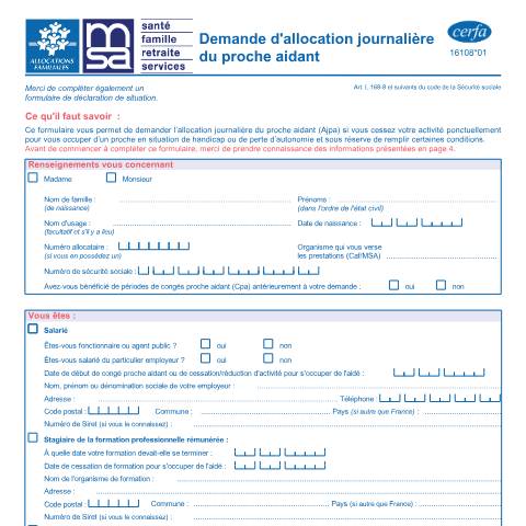 Aperçu du document Demande de prestation de l'allocation journalière du proche aidant (AJPA) — Particuliers, France (CERFA n°16108*01)