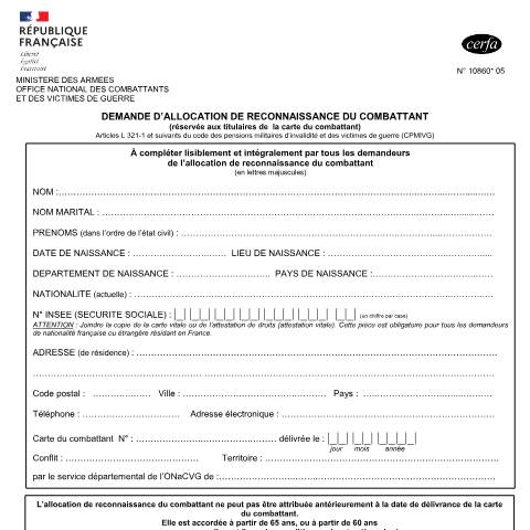 Aperçu du document Demande d'allocation de reconnaissance du combattant (anciennement retraite du combattant) — Particuliers, France (CERFA n°10860*05)