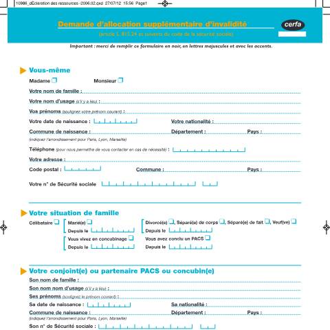 Aperçu du document Demande d'allocation supplémentaire d'invalidité (Asi) auprès de la MSA — Particuliers, France (CERFA n°13435*03)