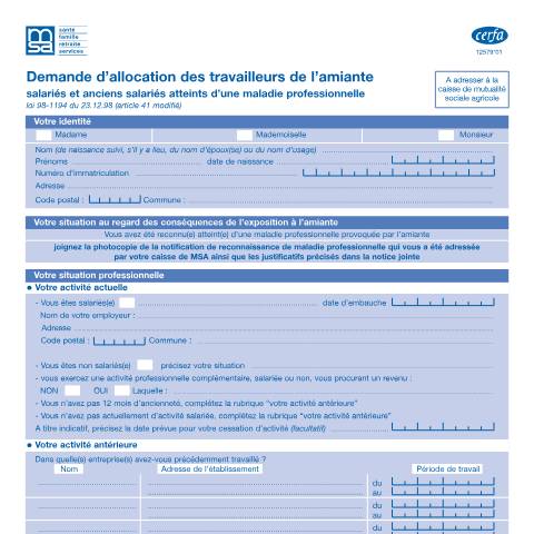 Aperçu du document Demande d'allocation des travailleurs agricoles de l'amiante — Professionnels, France (CERFA n°12579*01)