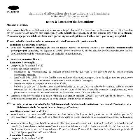Aperçu du document Demande d'allocation des travailleurs de l'amiante salariés et anciens salariés des établissements de fabrication ou de traitement de l'amiante — Particuliers, France (CERFA n°11687*02)