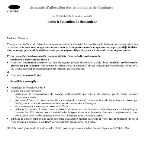 Aperçu du document Demande d'allocation des travailleurs de l'amiante - Salariés et anciens salariés reconnus atteints d'une maladie professionnelle — Particuliers, France (CERFA n°11690*02)