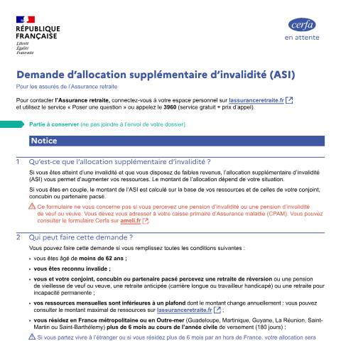 Aperçu du document Demande d'Asi par le titulaire d'une pension de retraite anticipée ou d'une pension de réversion versée par la Sécurité sociale — Particuliers, France (CERFA n°13679*02)