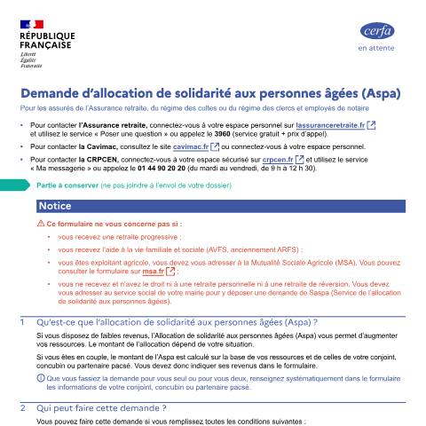 Aperçu du document Demande d'Aspa auprès de la Caisse nationale d'assurance vieillesse (Cnav) et de la Cavimac — Particuliers, France (CERFA n°13710*04)