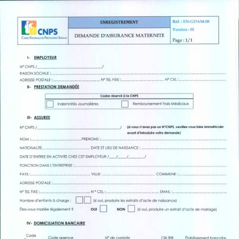 Aperçu du document DEMANDE D’ASSURANCE MATERNITE — Document CNPS (prévoyance sociale), Côte d'Ivoire