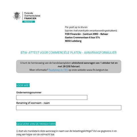 Aperçu du document het aanvraagformulier (PDF, 199.82 KB) — Via het pdf-formulier, op te sturen per post, Belgique (CERFA n°123-aanvraagformulier-attest-commerciele-platen)