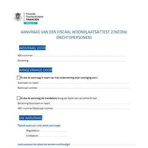 Aperçu du document het formulier (PDF, 166.08 KB) — Per e-mail of met de post: hou rekening met de verwerkingstermijn, Belgique (CERFA n°126-aanvraag-attest-fiscale-woonplaats)