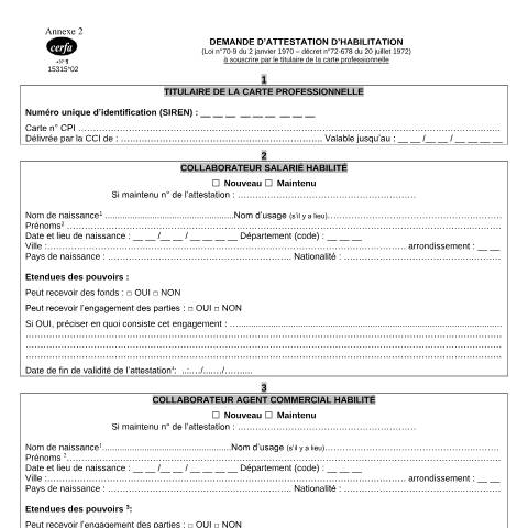 Aperçu du document Agent immobilier : demande d'attestation d'habilitation — Professionnels, France (CERFA n°15315*01)