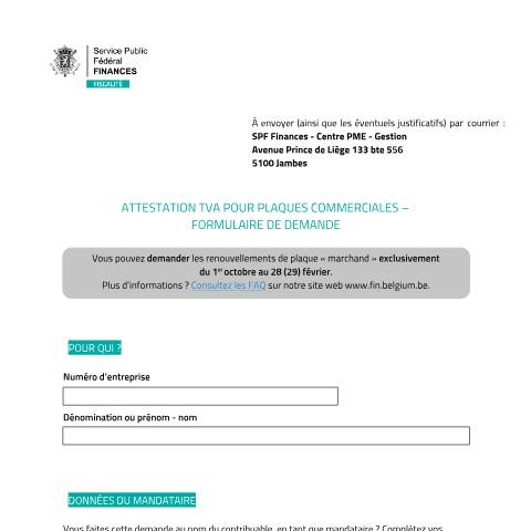 Aperçu du document le formulaire de demande (PDF, 209.87 Ko) — Via le formulaire PDF, à envoyer par courrier, Belgique (CERFA n°123-formulaire-demande-attestation-plaques-commerciales)