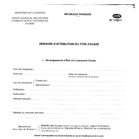 Aperçu du document Demande d'attribution du titre d'évadé — Particuliers, France (CERFA n°11051*02)