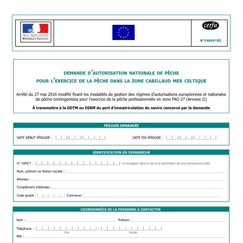 Aperçu du document Demande d'autorisation nationale de pêche (ANP) pour la zone cabillaud mer Celtique — Professionnels, France (CERFA n°14849*05)