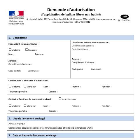 Aperçu du document Demande d'autorisation d'exploitation de ballons libres non habités — Professionnels, France (CERFA n°15915*01)