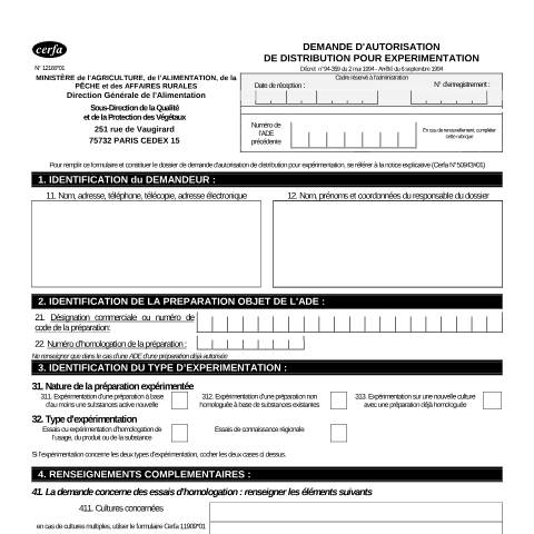 Aperçu du document Demande d'autorisation de distribution pour expérimentation — Professionnels, France (CERFA n°12166*01)