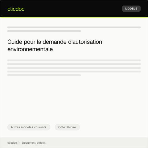 Aperçu du document Formulaire de demande d'autorisation environnementale — Autres modèles courants, Côte d'Ivoire
