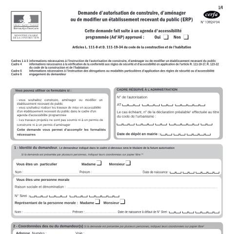 Aperçu du document Demande d'autorisation de construire, d'aménager ou de modifier un établissement recevant du public (ERP) — Professionnels, France (CERFA n°13824*04)