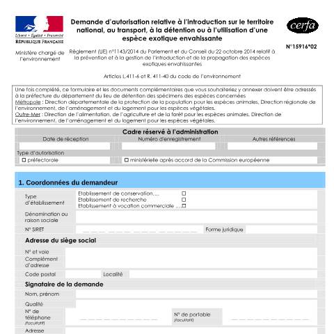 Aperçu du document Demande d'autorisation d'introduction sur le territoire national, au transport, à la détention ou à l'utilisation d'une espèce exotique envahissante — Professionnels, France (CERFA n°15916*02)