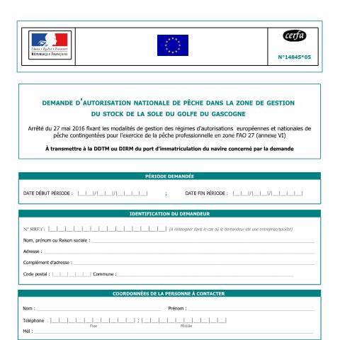 Aperçu du document Demande d'autorisation européenne de pêche (AEP) pour la pêche dans la zone de gestion du stock de la sole du golfe de Gascogne — Professionnels, France (CERFA n°14845*05)