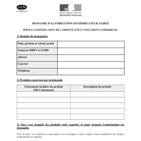 Aperçu du document Demande d'autorisation d'exportateur agréé — Professionnels, France (CERFA n°13942*02)