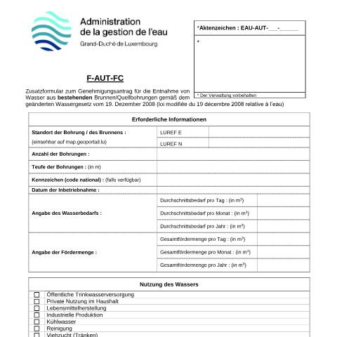 Aperçu du document de Genehmigungsantrag für die Entnahme von Wasser aus bestehenden Brunnen/Quellbohrungen — Eau, Luxembourg (CERFA n°16-F-AUT-FC)