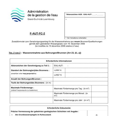 Aperçu du document de Genehmigungsantrag für Wasserentnahme aus Bohrungen/Brunnen (Phase 2) — Eau, Luxembourg (CERFA n°20-F-AUT-FC-2)