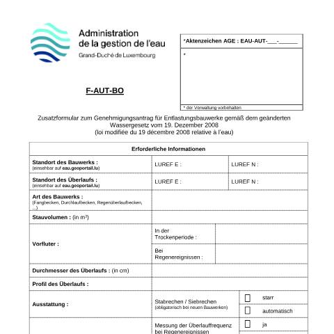 Aperçu du document de Genehmigungsantrag für Regenwasserbecken/Wehre/Kläranlagen — Eau, Luxembourg (CERFA n°08-F-AUT-BO)