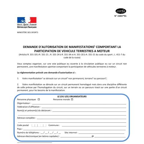 Aperçu du document Demande d'autorisation d'une manifestation sportive motorisée chronométrée sur la voie publique — Particuliers, France (CERFA n°15847*01)