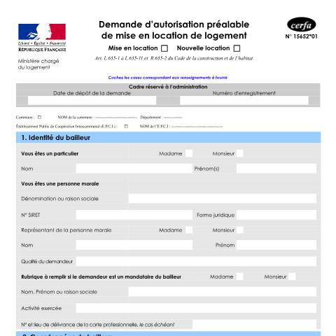 Aperçu du document Demande d'autorisation préalable de mise en location de logement — Particuliers, France (CERFA n°15652*01)