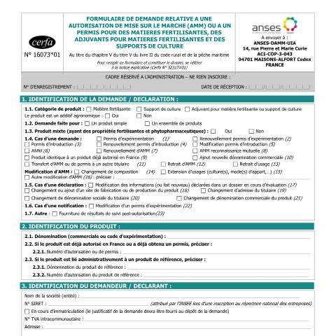 Aperçu du document Demande d'autorisation de mise sur le marché (ANM) ou de permis pour des matières fertilisantes, des adjuvants pour matières fertilisantes et des supports de culture — Professionnels, France (CERFA n°16073*01)