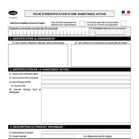 Aperçu du document Demande d'autorisation de mise sur le marché d'un produit contenant une substance active — Professionnels, France (CERFA n°11907*02)