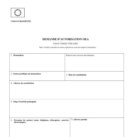 Aperçu du document Opérateur économique agréé – Demande d’autorisation — Import export, Luxembourg (CERFA n°demande-autorisation-oea)