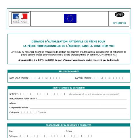 Aperçu du document Demande d'autorisation nationale de pêche (ANP) pour la pêche professionnelle de l'anchois dans la zone CIEM VIII — Professionnels, France (CERFA n°14846*05)