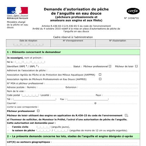 Aperçu du document Demande d'autorisation de pêche de l'anguille en eau douce — Professionnels, France (CERFA n°14346*01)