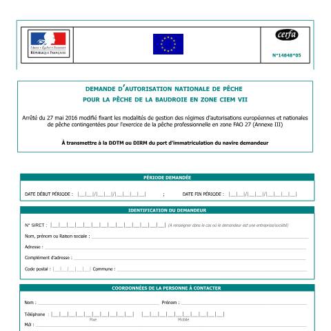 Aperçu du document Demande d'autorisation nationale de pêche (ANP*) pour la baudroie (CIEM VII) — Professionnels, France (CERFA n°14848*05)