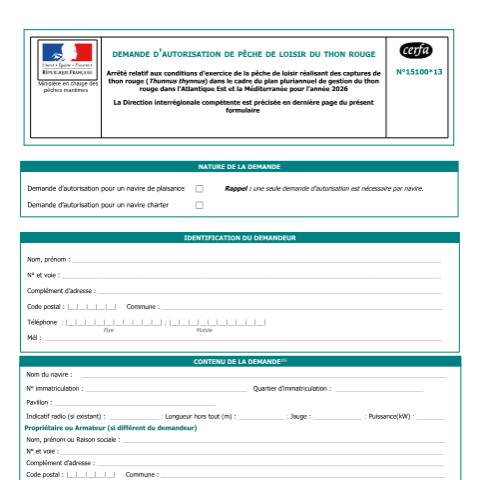 Aperçu du document Demande d'autorisation de pêche de loisir du thon rouge — Particuliers, France (CERFA n°15100*13)