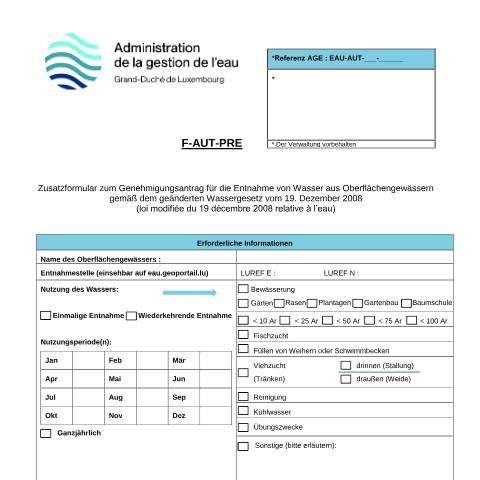 Aperçu du document de Wasserentnahme aus einem Wasserlauf — Eau, Luxembourg (CERFA n°10-f-aut-pre)