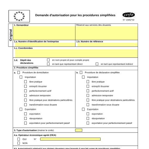 Aperçu du document Demande d'autorisation pour les procédures douanières simplifiées — Professionnels, France (CERFA n°13952*02)