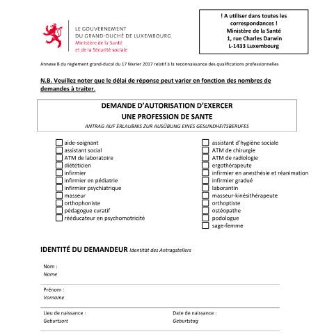 Aperçu du document de Antrag auf Erlaubnis zur Ausübung eines Gesundheitsberufes — Professions sante, Luxembourg (CERFA n°autorisation)