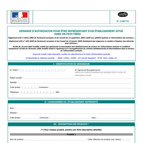 Aperçu du document Alimentation des animaux - Demande d'autorisation pour être représentant d'un établissement situé dans un pays tiers — Professionnels, France (CERFA n°13987*03)