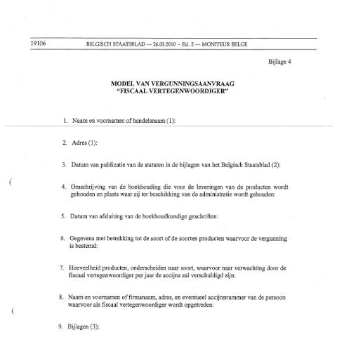 Aperçu du document Model van vergunningsaanvraag "Fiscaal vertegenwoordiger" — Accijnsbewegingen, Belgique (CERFA n°ACC-FORM-Vergunningsaanvraag-fiscaal-vertegenwoordiger-17-03-2017)